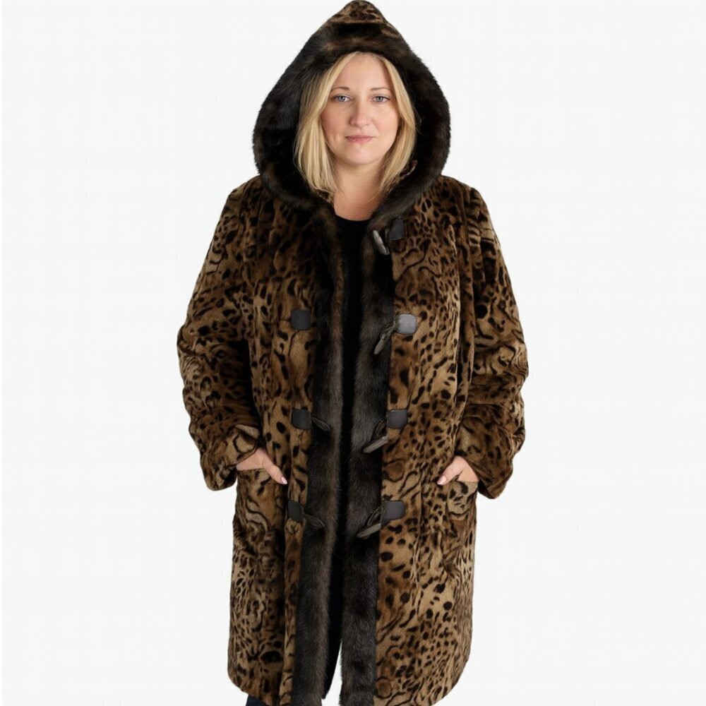 Dennis Basso Faux Fur Leopard toggle coat hood womens size 1X New